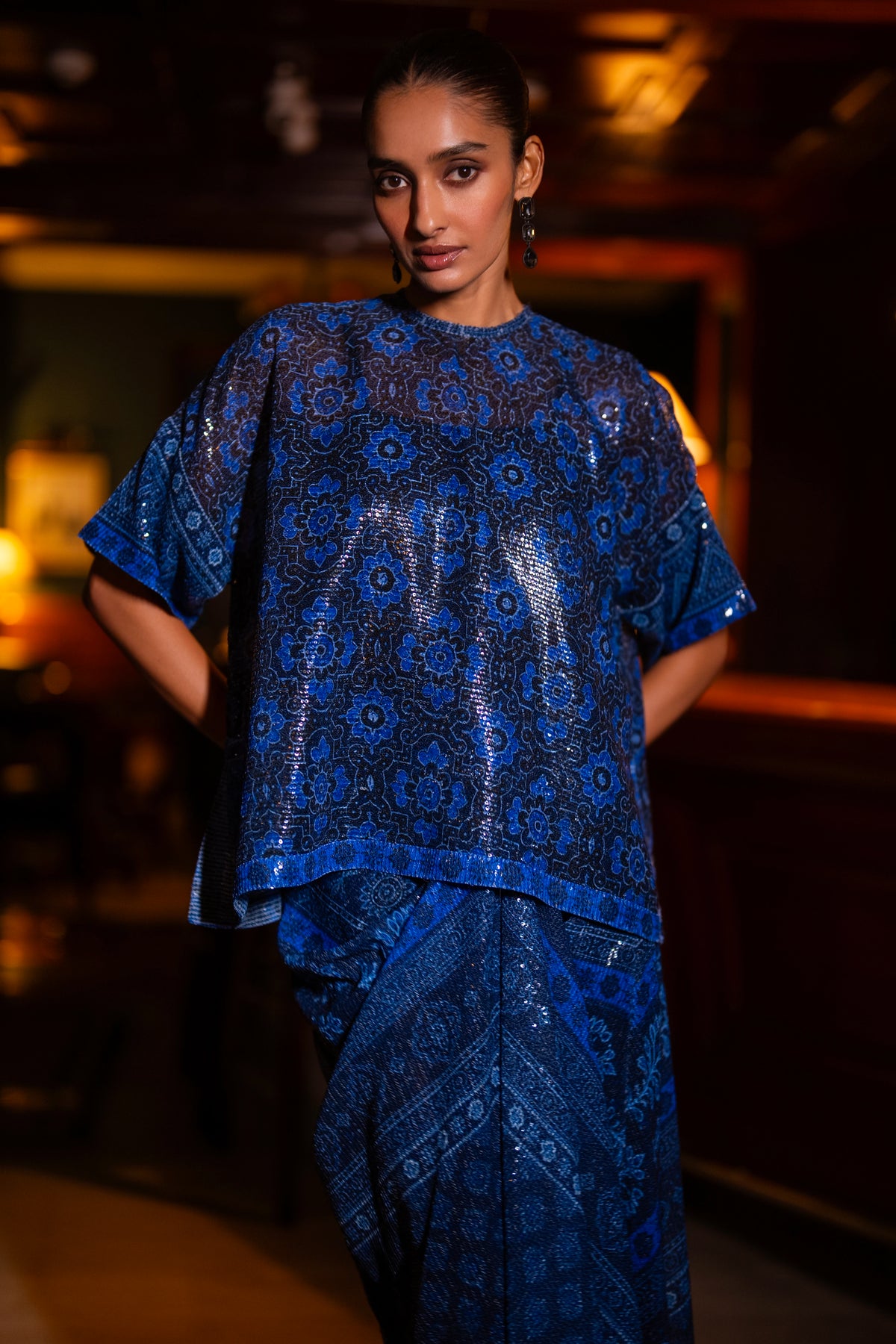 PATTERNED BLUE SEQUIN BOXY TOP