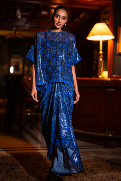 PATTERNED BLUE SEQUIN DRAPE SKIRT