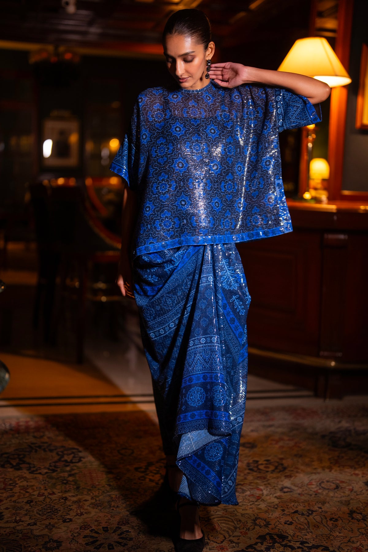 PATTERNED BLUE SEQUIN DRAPE SKIRT