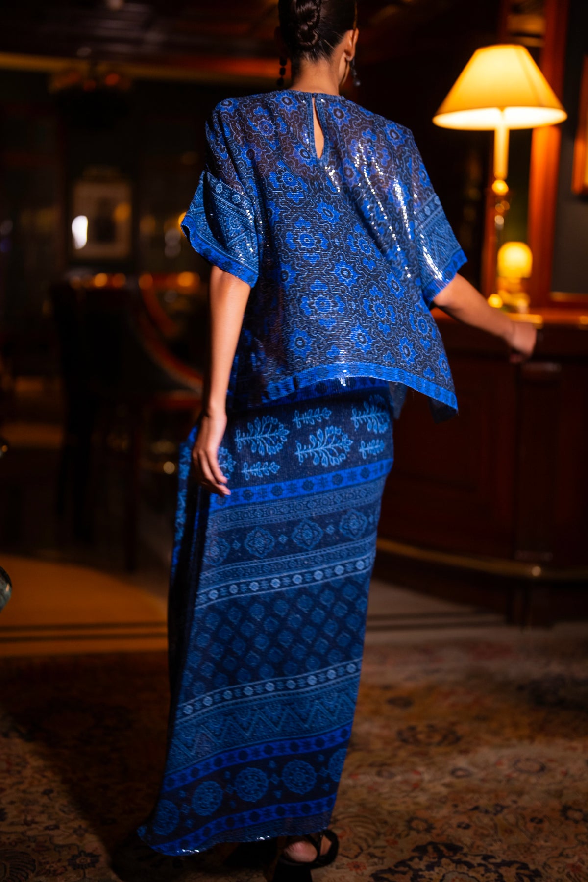 PATTERNED BLUE SEQUIN DRAPE SKIRT