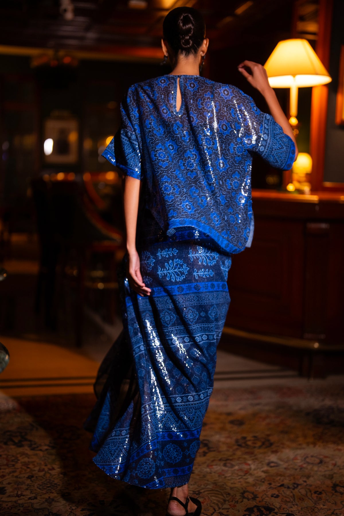 PATTERNED BLUE SEQUIN DRAPE SKIRT
