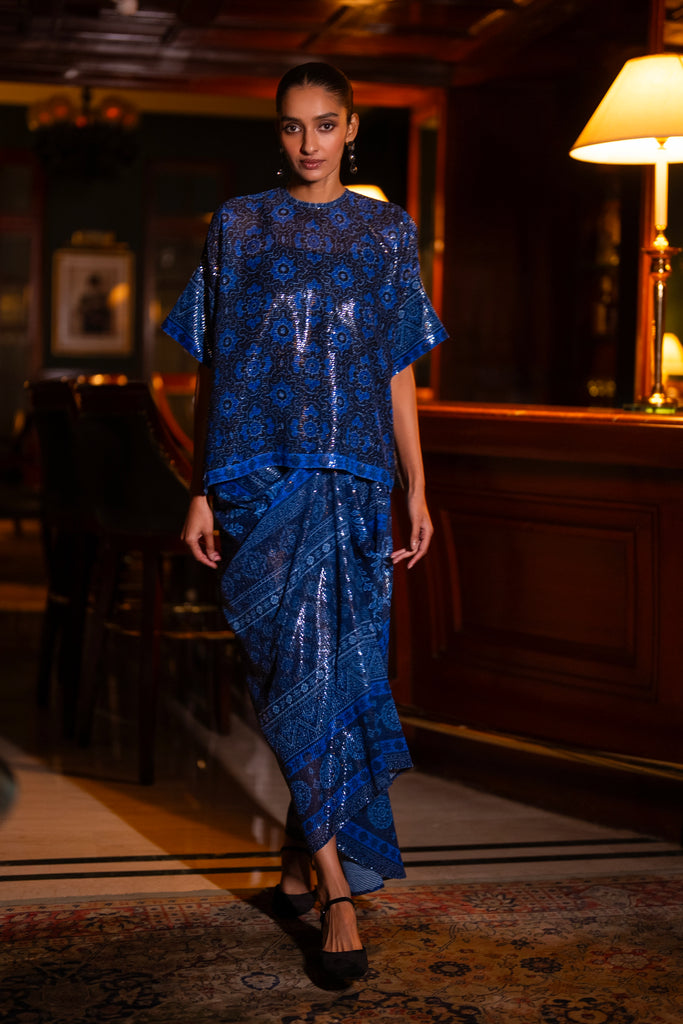 PATTERNED BLUE SEQUIN DRAPE SKIRT dash and dot