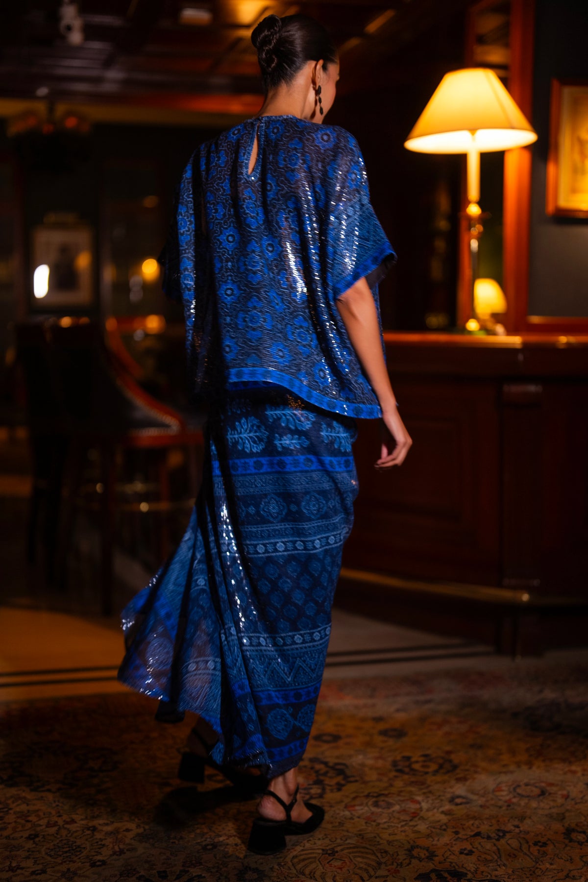 PATTERNED BLUE SEQUIN DRAPE SKIRT