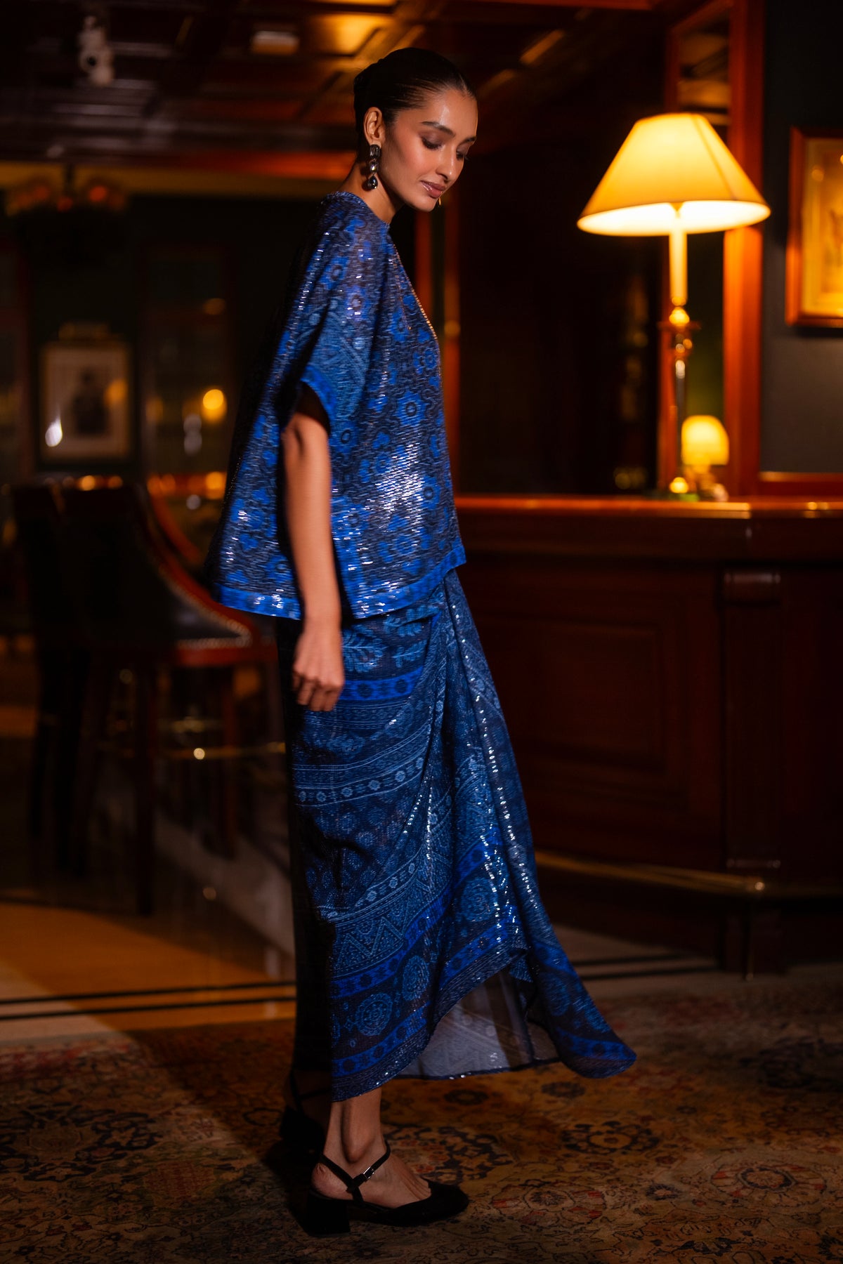 PATTERNED BLUE SEQUIN DRAPE SKIRT