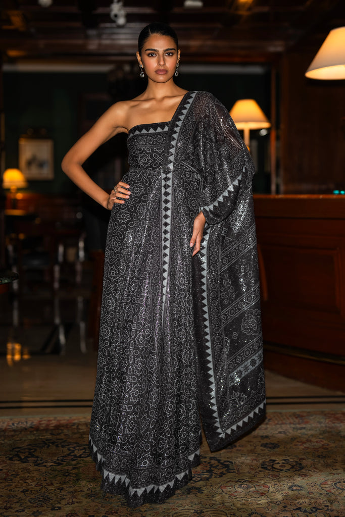 MONOCHROME MOTIF & BORDER SARI DRAPE GOWN dash and dot