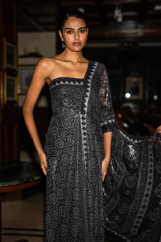 MONOCHROME MOTIF & BORDER SARI DRAPE GOWN dash and dot