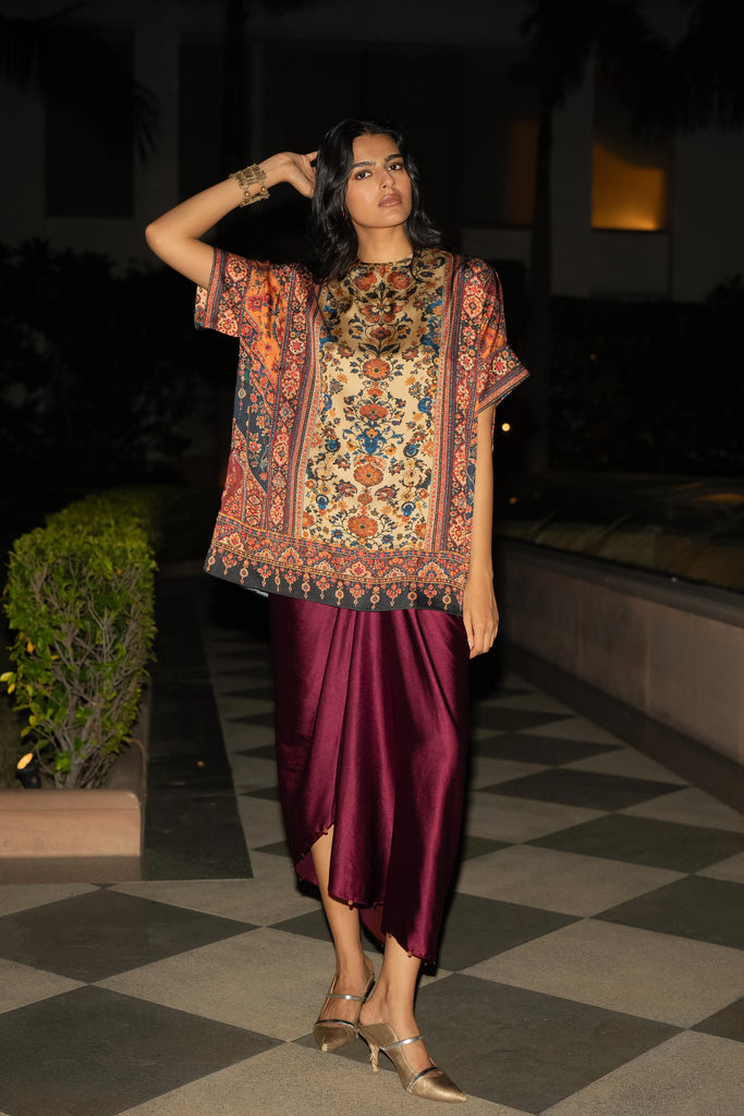 FLORAL MOSAIC PRINT TOP & SATIN DRAPE SKIRT SET dash and dot
