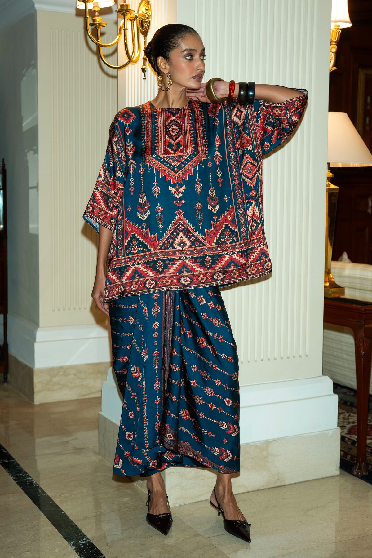 TRIBAL PRINT BOXY TOP & DRAPE SKIRT SET