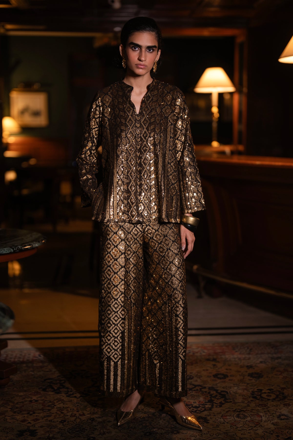 GEOMETRIC SEQUIN EMBROIDERED TOP & WIDE-LEGGED PANT SET