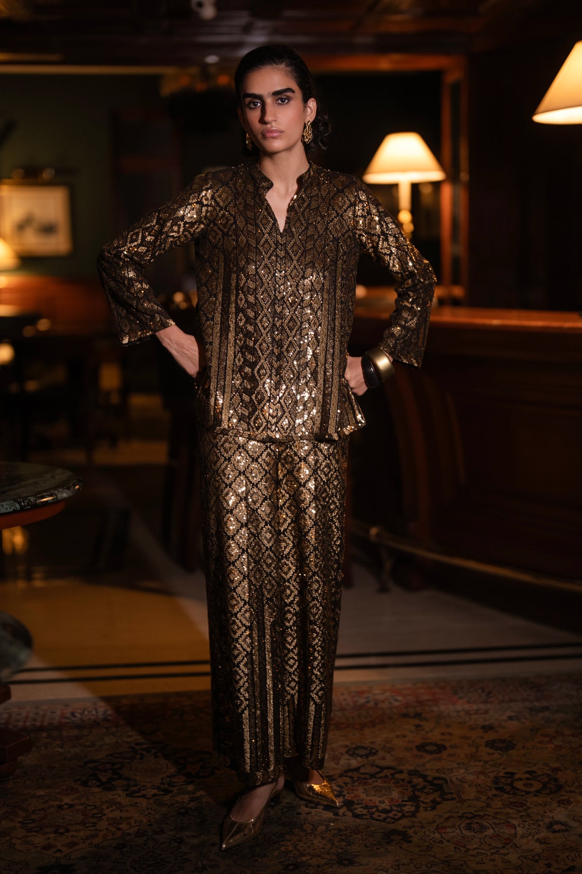 GEOMETRIC SEQUIN EMBROIDERED TOP & WIDE-LEGGED PANT SET