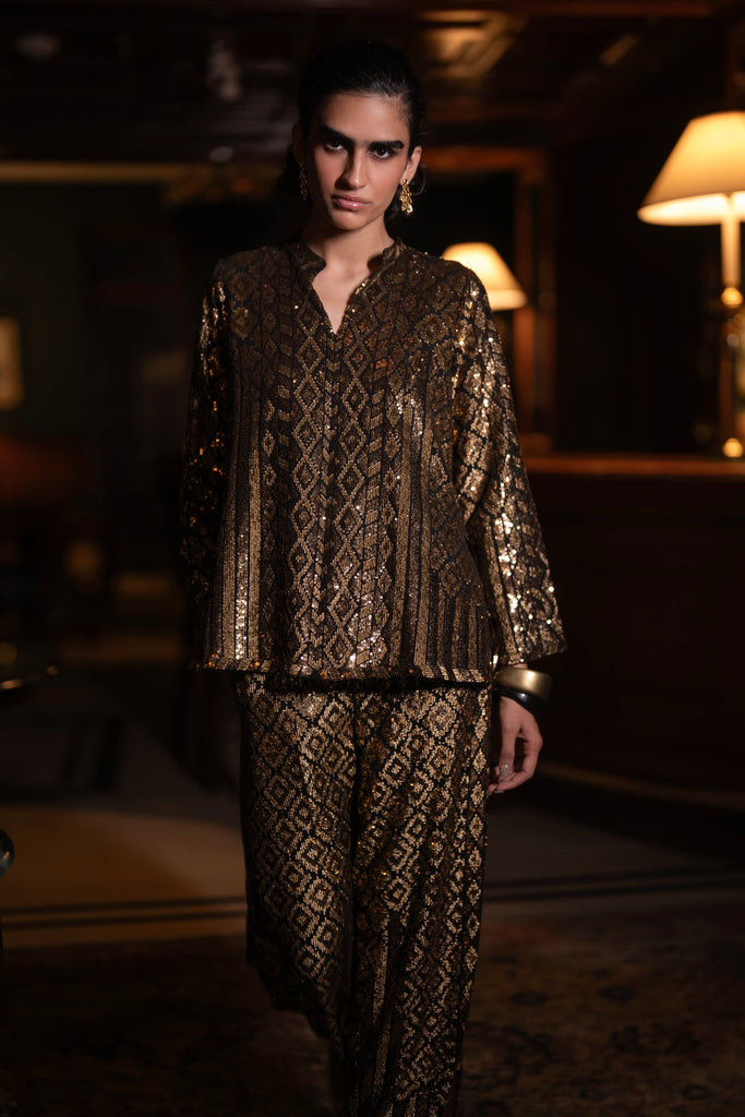 GEOMETRIC SEQUIN EMBROIDERED TOP & WIDE-LEGGED PANT SET dash and dot