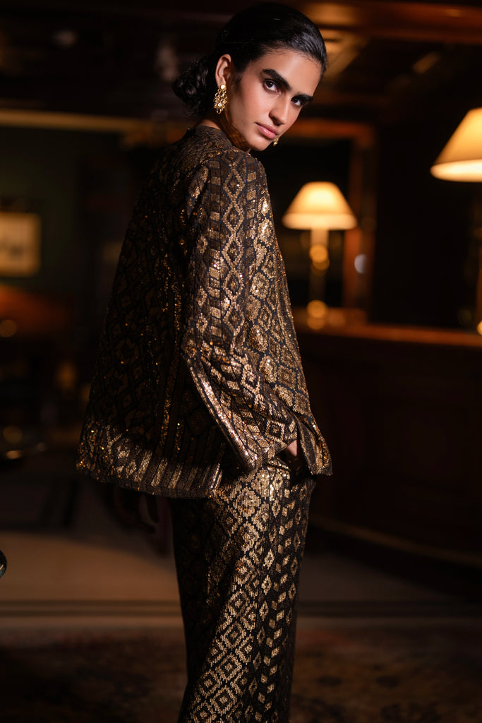 GEOMETRIC SEQUIN EMBROIDERED TOP & WIDE-LEGGED PANT SET dash and dot