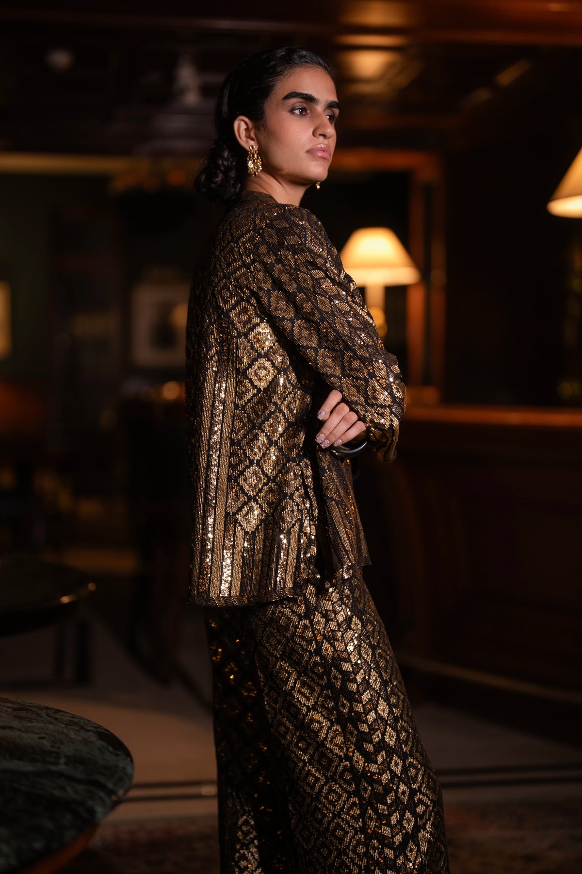GEOMETRIC SEQUIN EMBROIDERED TOP & WIDE-LEGGED PANT SET