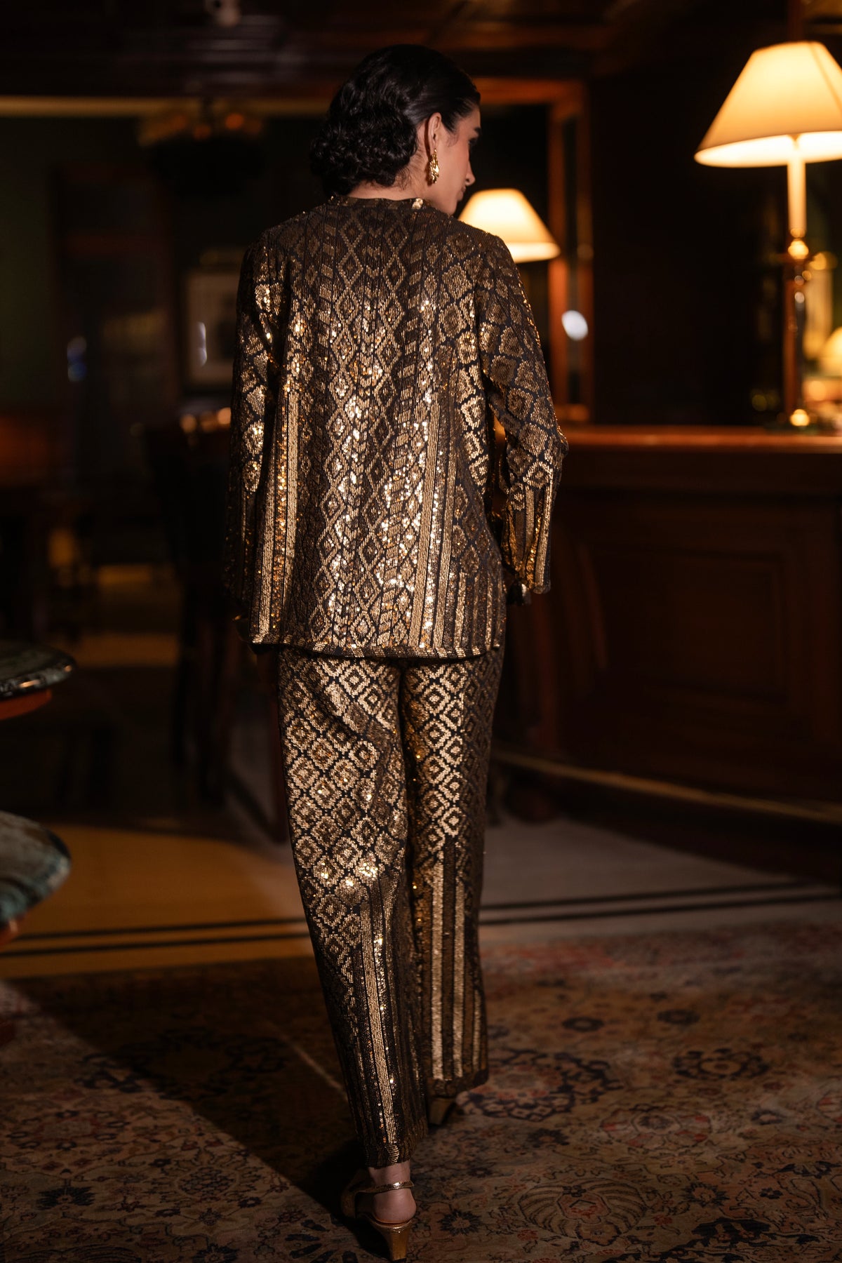 GEOMETRIC SEQUIN EMBROIDERED TOP & WIDE-LEGGED PANT SET