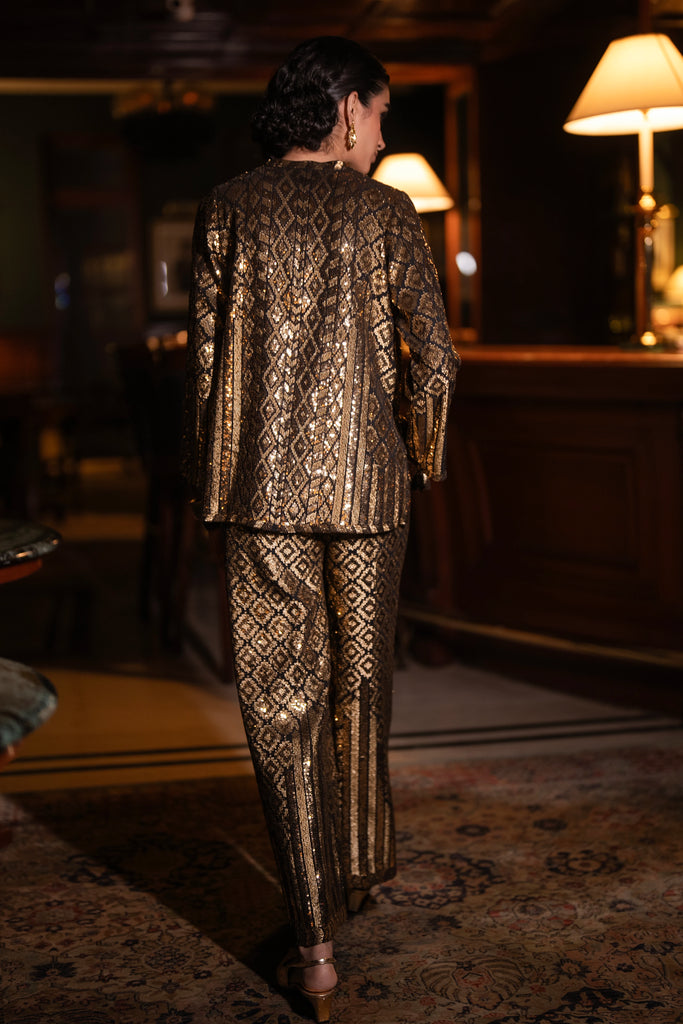 GEOMETRIC SEQUIN EMBROIDERED TOP & WIDE-LEGGED PANT SET dash and dot