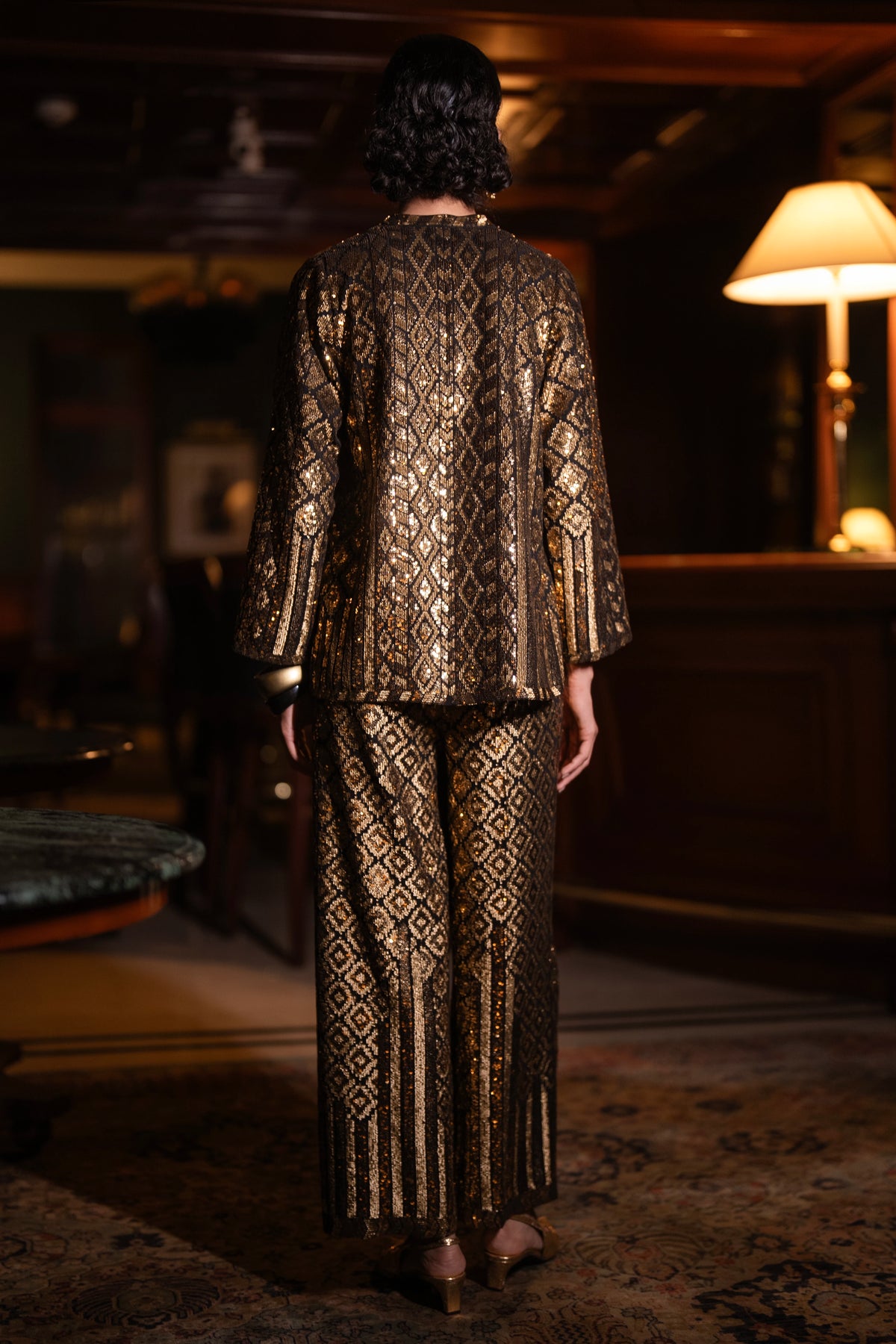 GEOMETRIC SEQUIN EMBROIDERED TOP & WIDE-LEGGED PANT SET