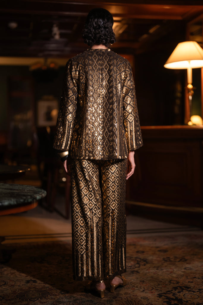 GEOMETRIC SEQUIN EMBROIDERED TOP & WIDE-LEGGED PANT SET dash and dot