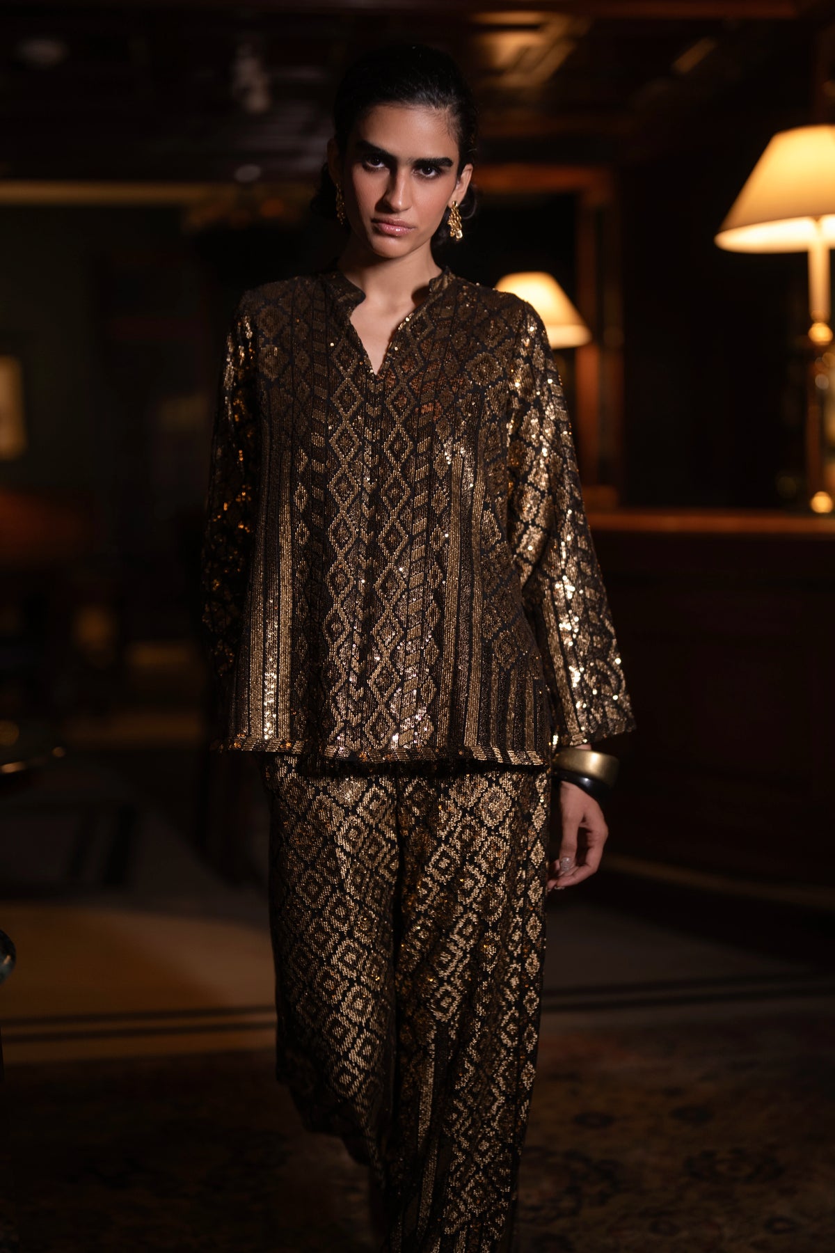 GEOMETRIC SEQUIN EMBROIDERED TOP