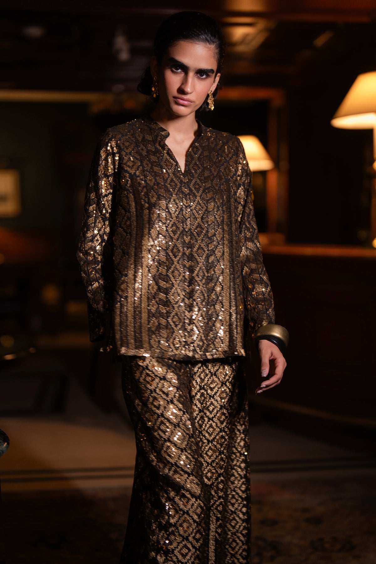GEOMETRIC SEQUIN EMBROIDERED TOP