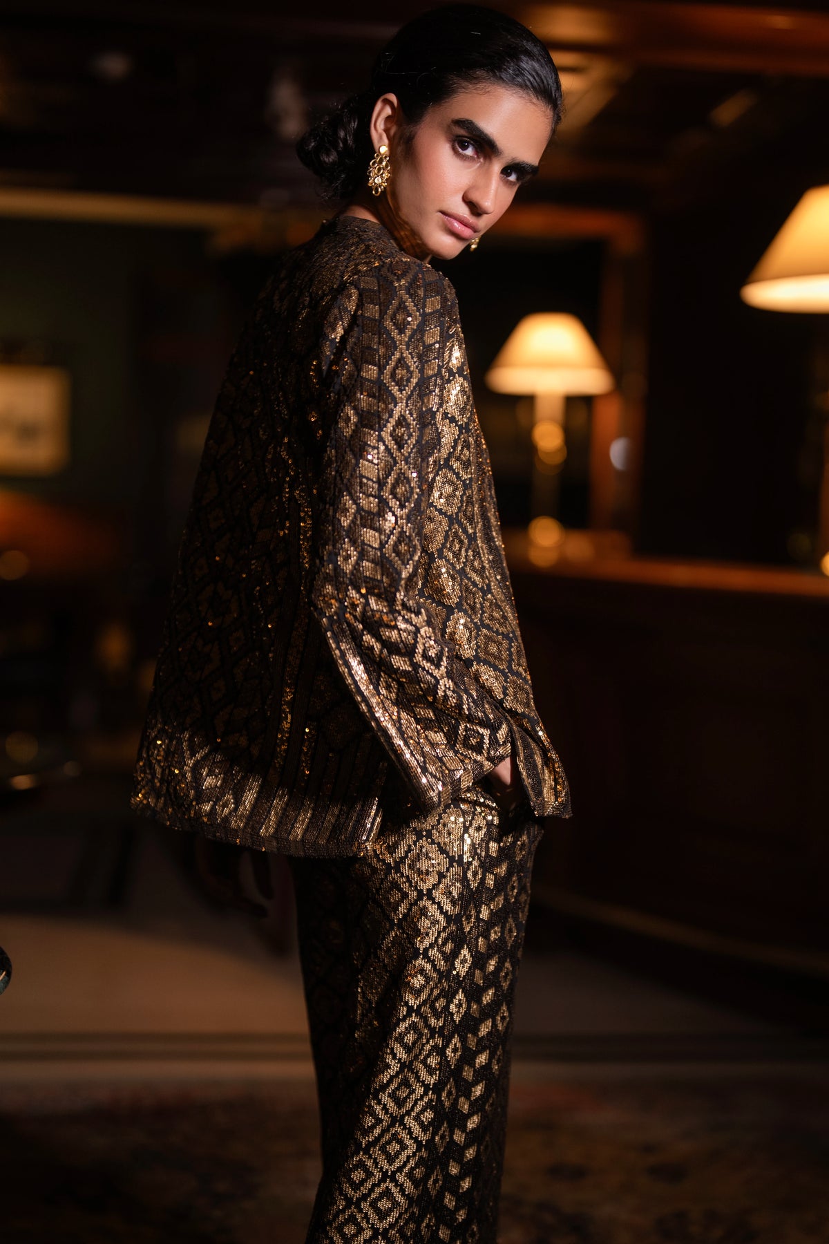 GEOMETRIC SEQUIN EMBROIDERED TOP