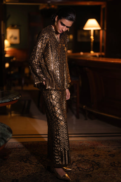 GEOMETRIC SEQUIN EMBROIDERED WIDE-LEGGED PANT