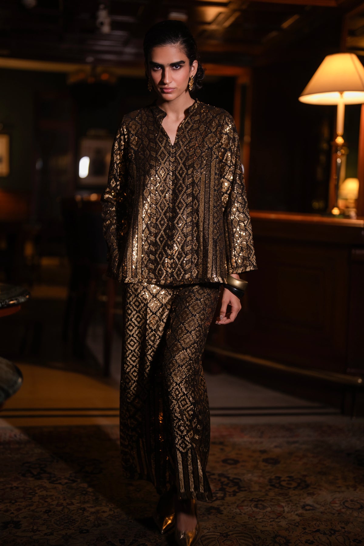 GEOMETRIC SEQUIN EMBROIDERED WIDE-LEGGED PANT