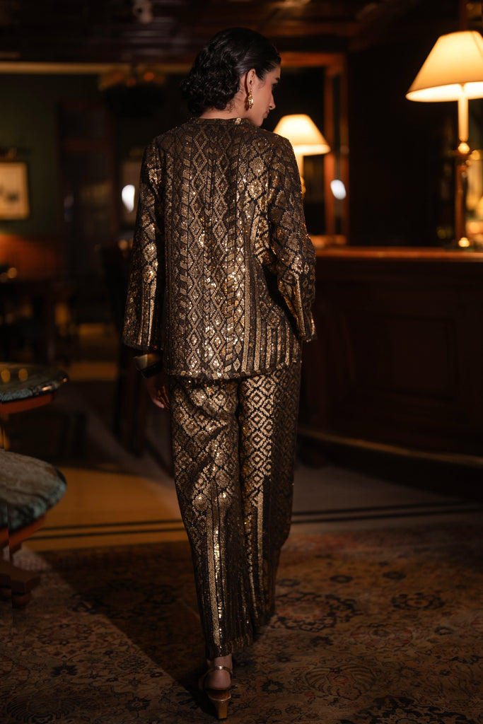 GEOMETRIC SEQUIN EMBROIDERED WIDE-LEGGED PANT dash and dot