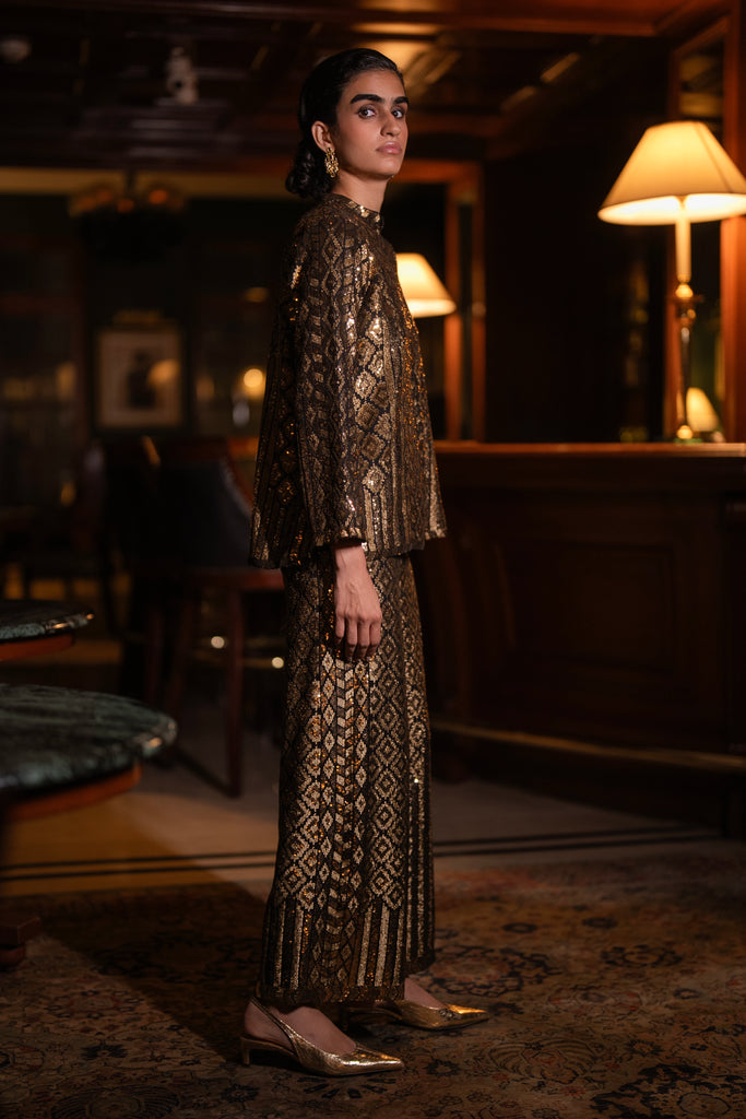 GEOMETRIC SEQUIN EMBROIDERED WIDE-LEGGED PANT dash and dot