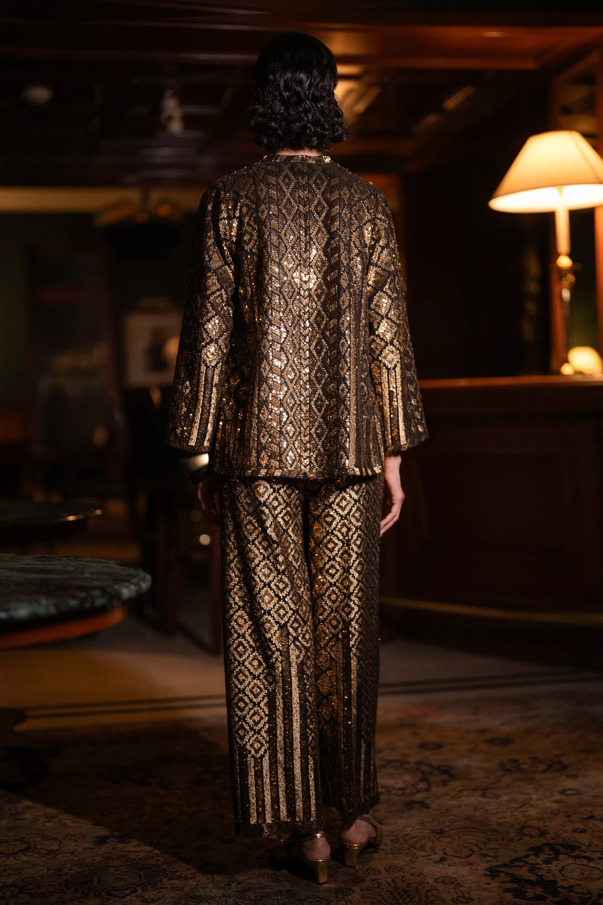 GEOMETRIC SEQUIN EMBROIDERED WIDE-LEGGED PANT