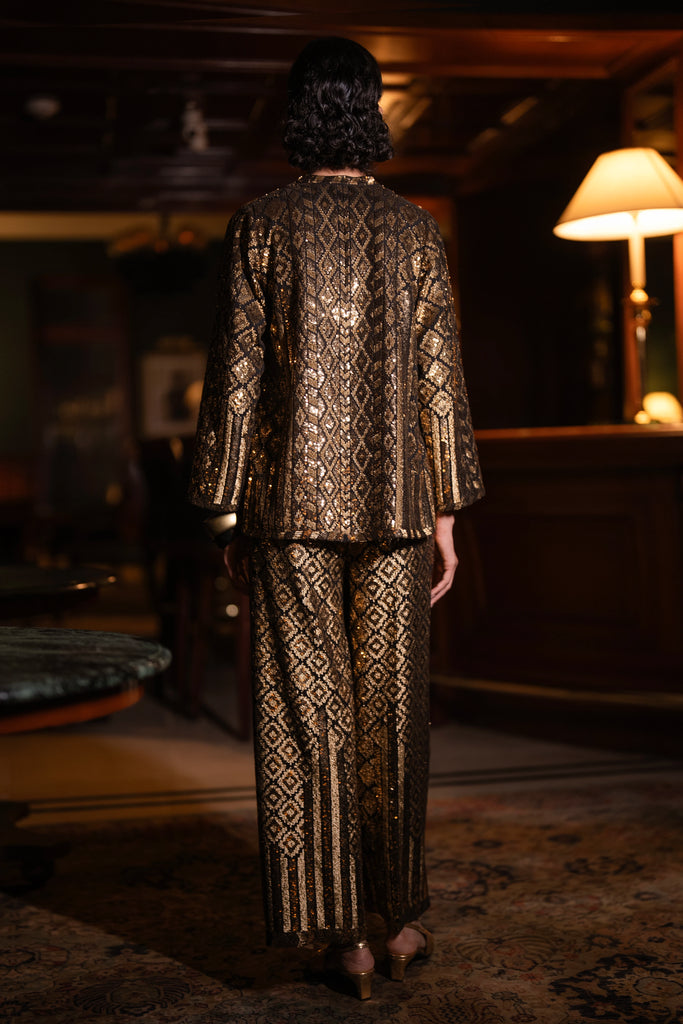 GEOMETRIC SEQUIN EMBROIDERED WIDE-LEGGED PANT dash and dot
