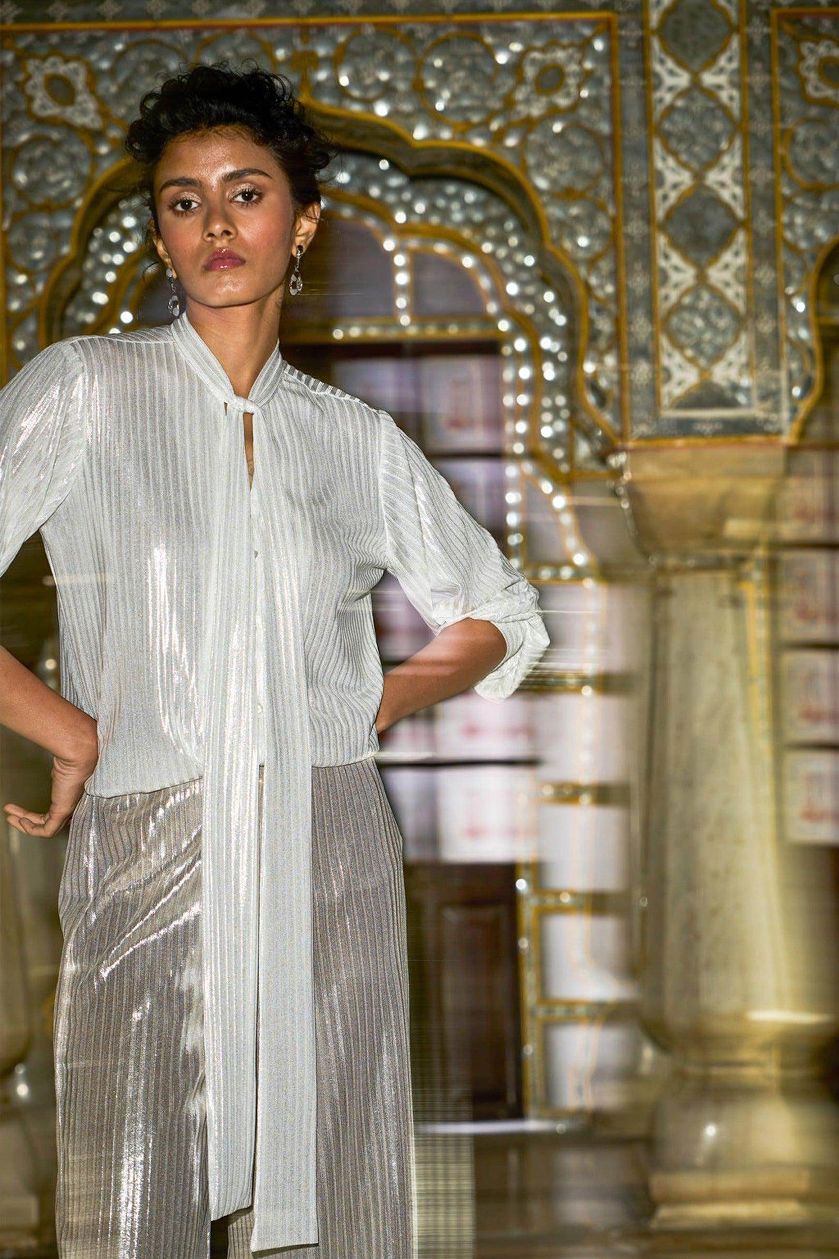 TEXTURED LAMÉ BOW BLOUSE - dash and dot