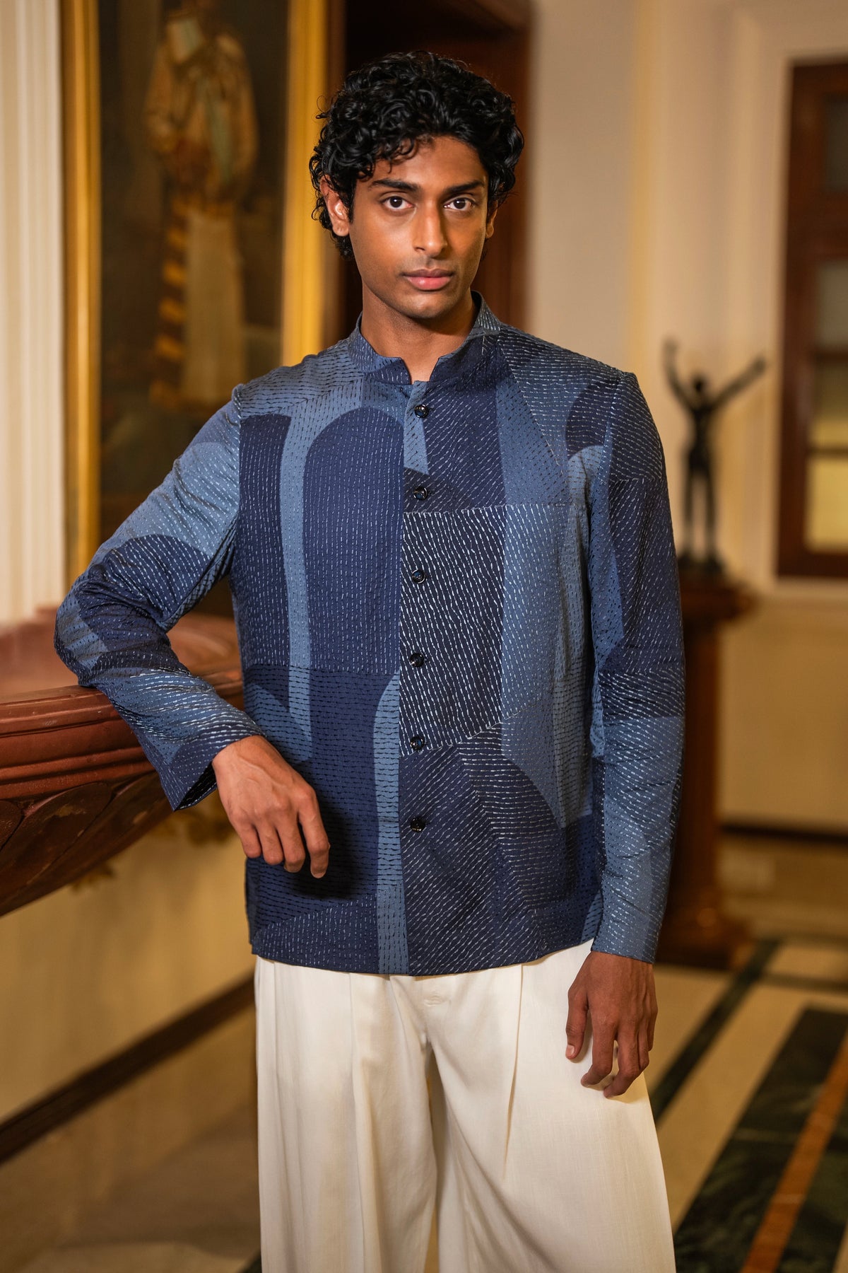 ABSTRACT EMBROIDERED SHIRT & IVORY WIDE-LEGGED PANT