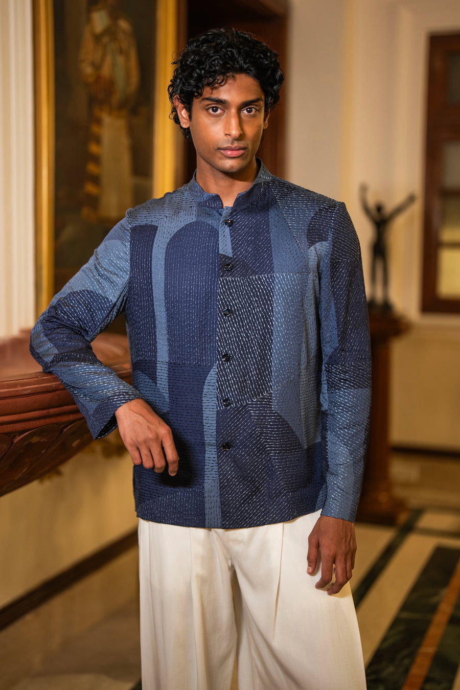 ABSTRACT EMBROIDERED SHIRT & IVORY WIDE-LEGGED PANT