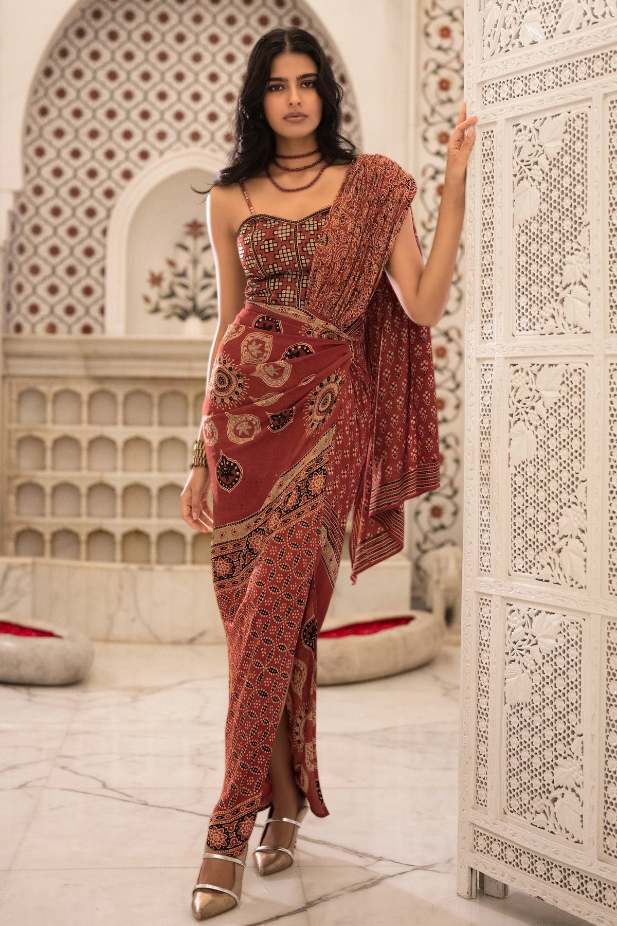 AJRAKH PRINT CORSET & SARI DRAPE SKIRT