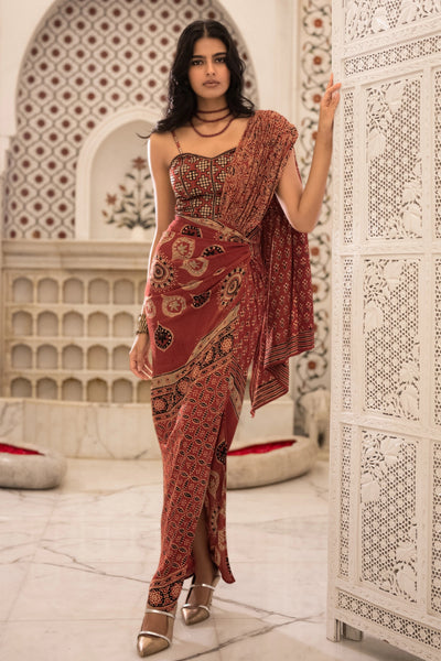 AJRAKH PRINT CORSET & SARI DRAPE SKIRT