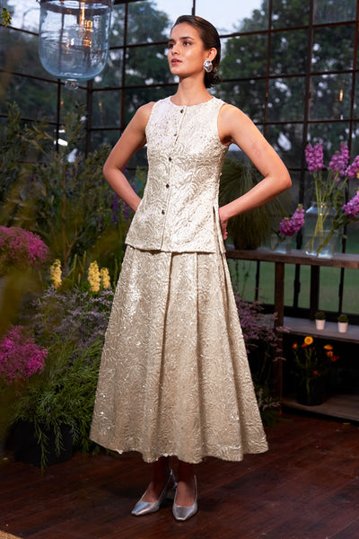 CUTWORK LAMÉ WAISTCOAT & A-LINE SKIRT