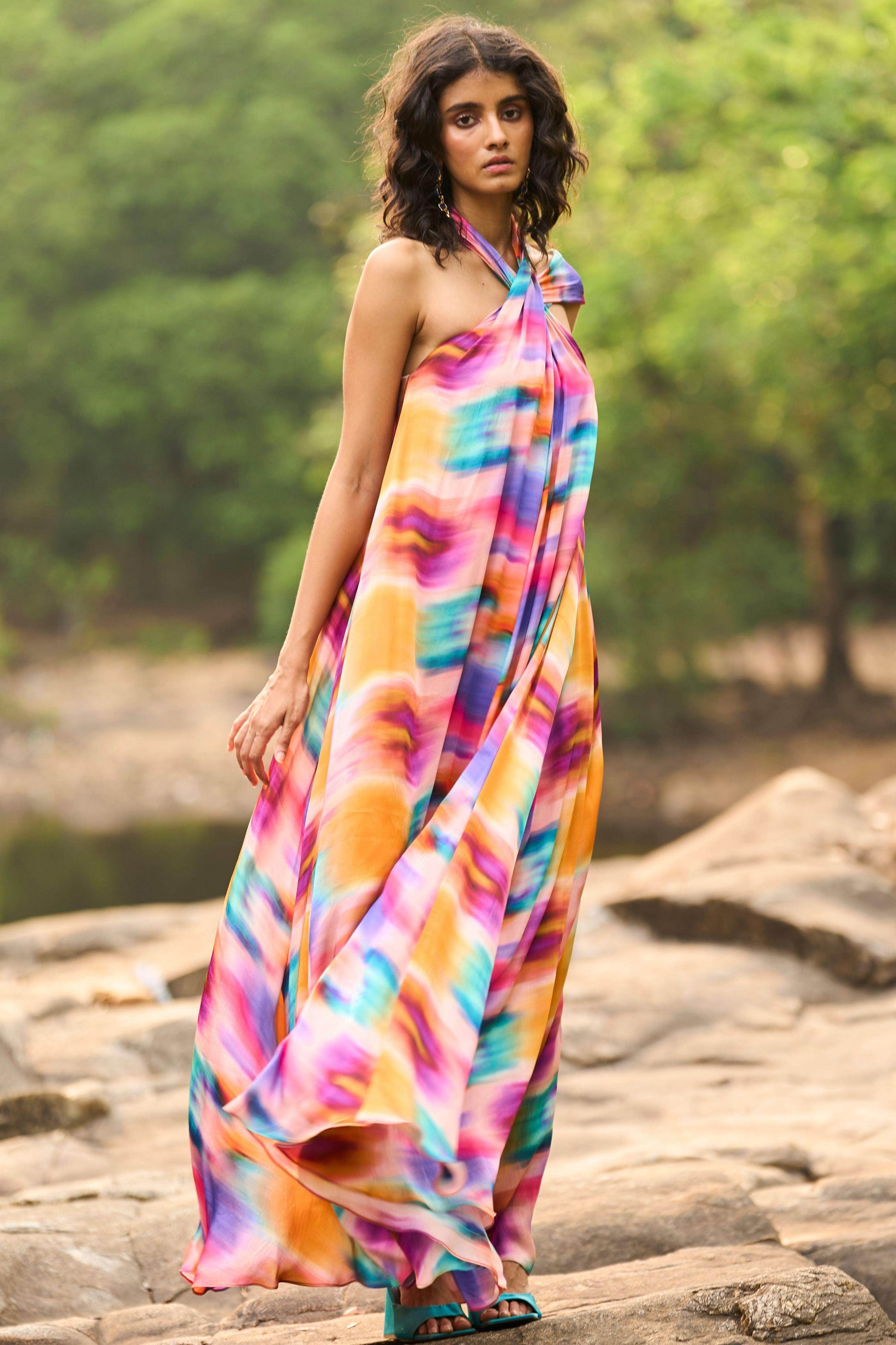 PRINTED HALTER FLARED DRESS - dash and dot