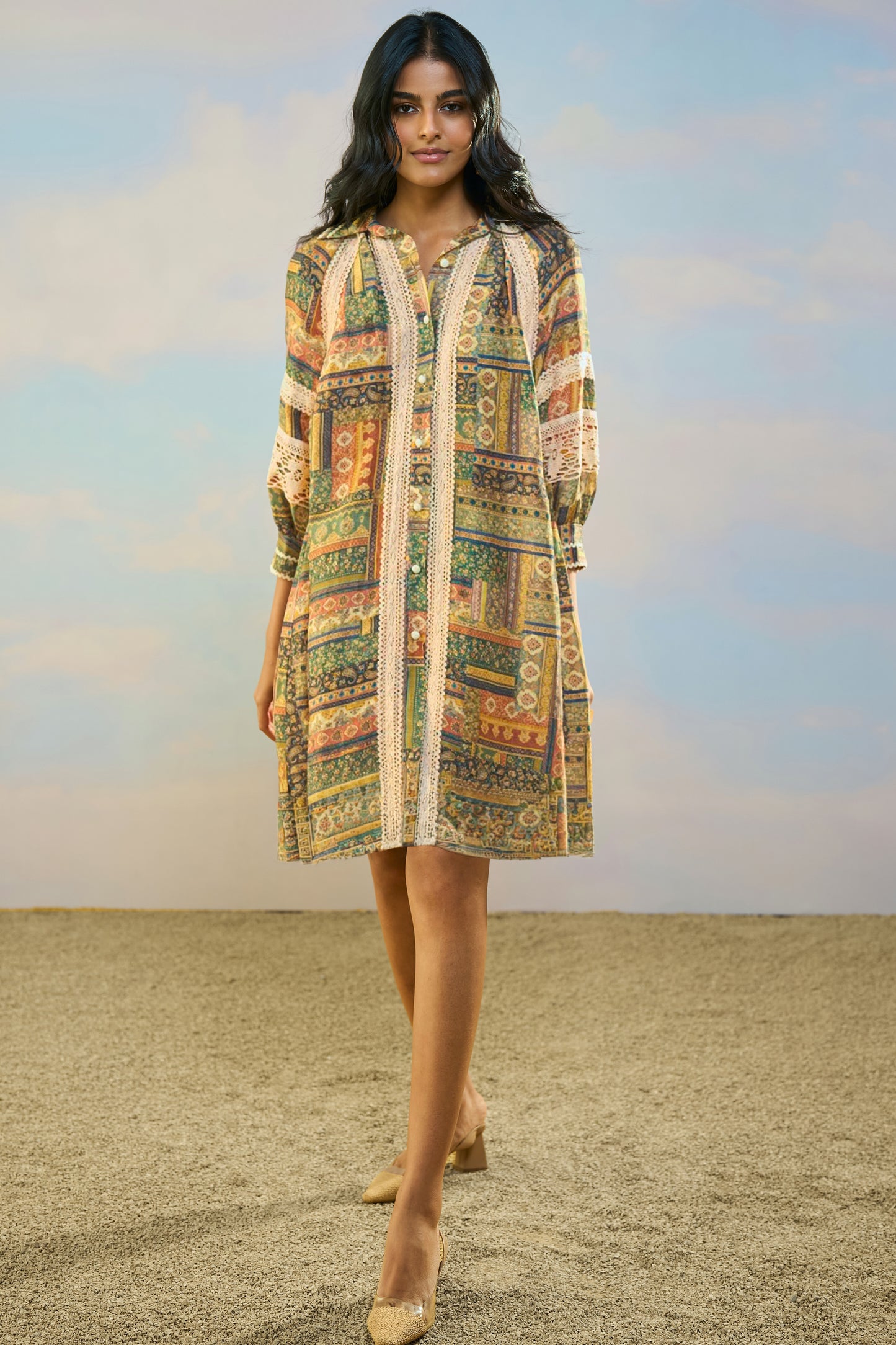 PRINTED LINEN-LACE DRESS