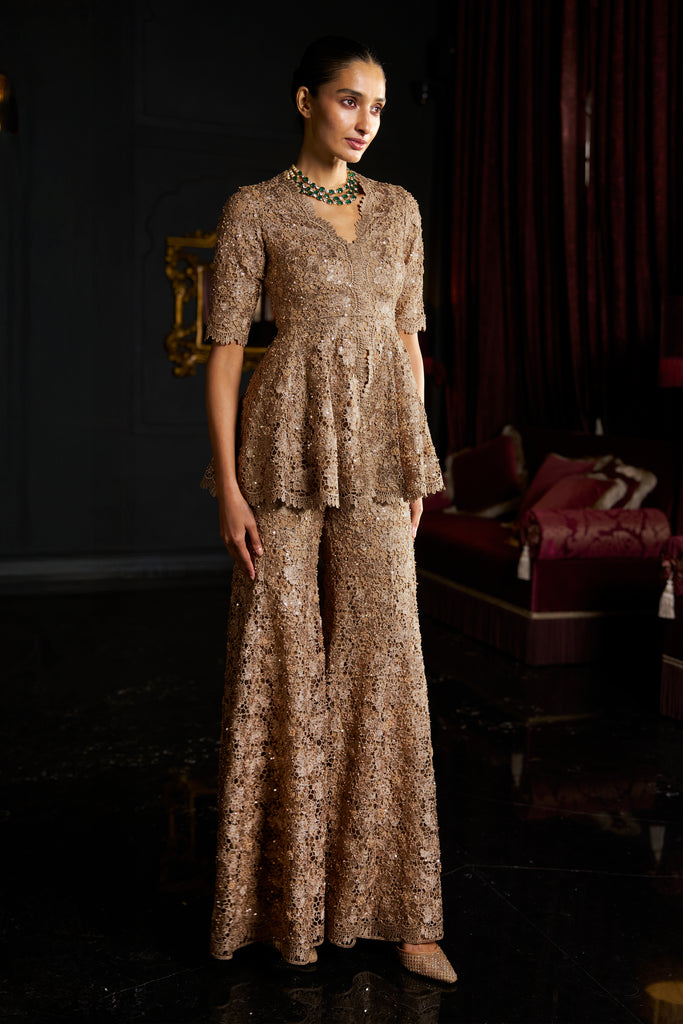 EMBROIDERED LACE PEPLUM TOP AND PANT SET dash and dot