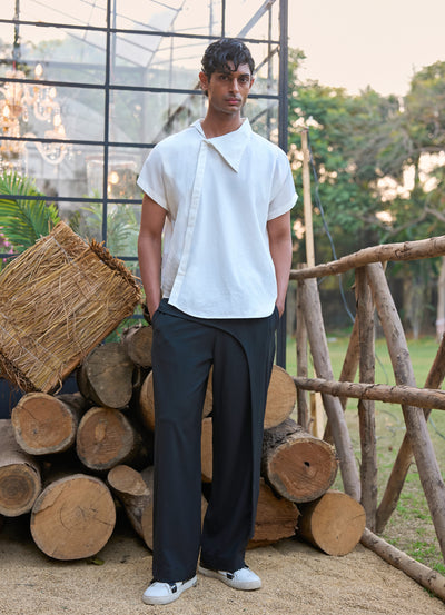 ASYMMETRIC POPLIN SHIRT & WIDE-LEGGED DRAPE PANT