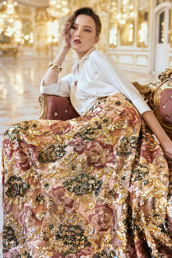 IVORY SATIN SHIRT & FLORAL SEQUIN MAXI SKIRT dash and dot