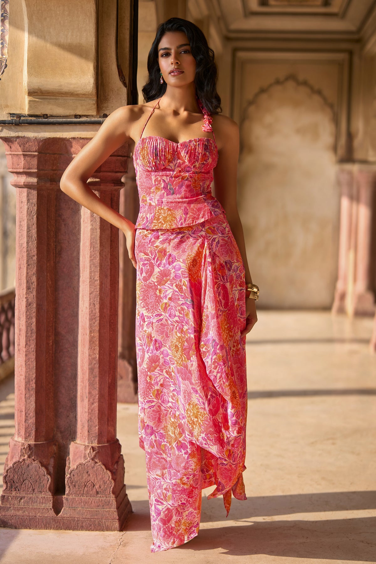 FLORAL PRINTED PLEATED CORSET & DRAPED SKIRT