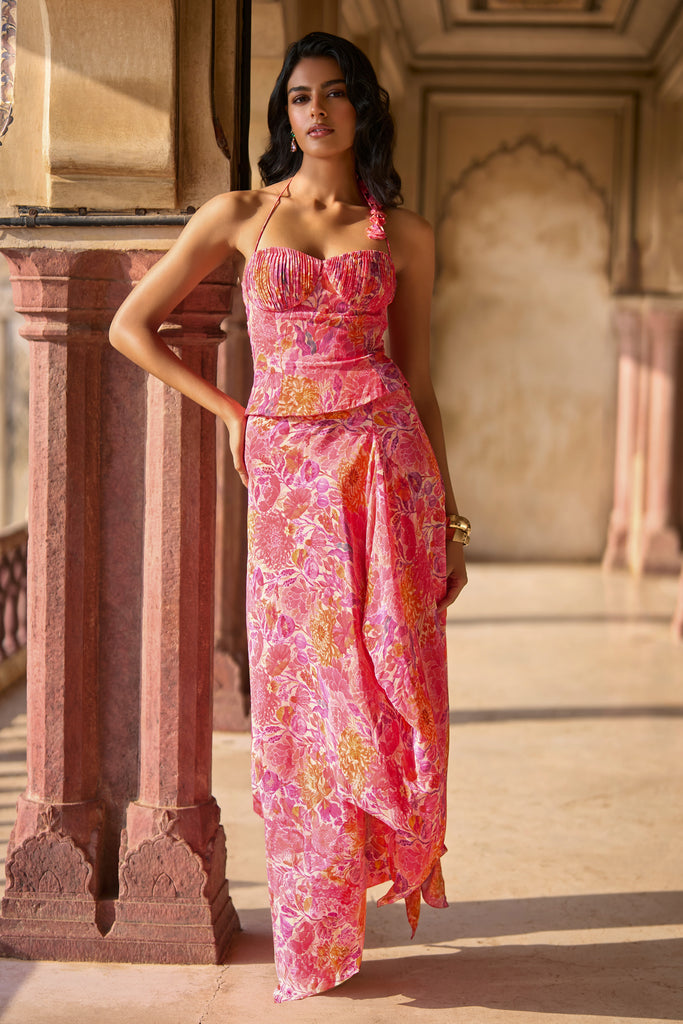 FLORAL PRINTED PLEATED CORSET & DRAPED SKIRT dash and dot