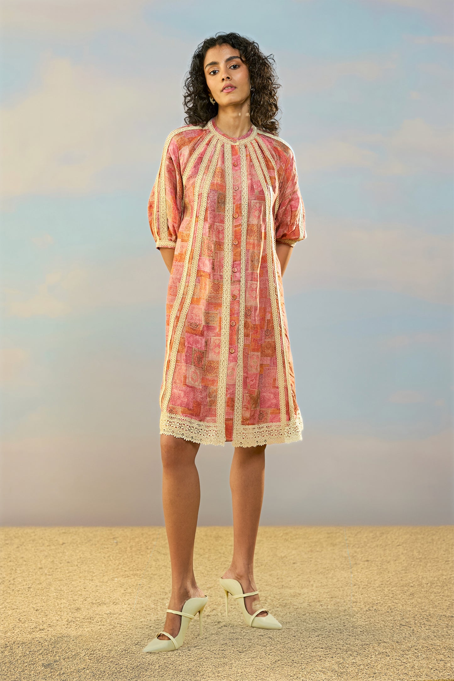 PRINTED LINEN-LACE DRESS