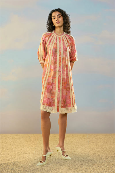 PRINTED LINEN-LACE DRESS