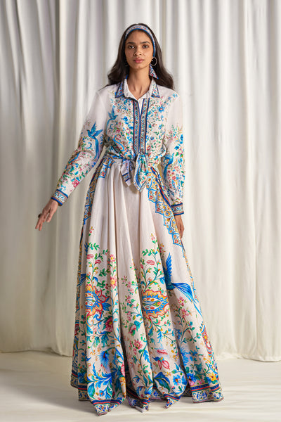 LINEN BOTANICAL PRINT SHIRT & MAXI SKIRT WITH TWILLY SCARF