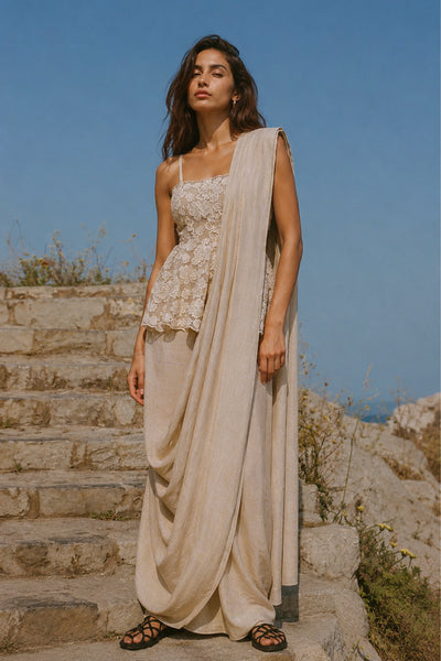 EMBROIDERED LACE PEPLUM TOP & LINEN SARI DRAPE SKIRT
