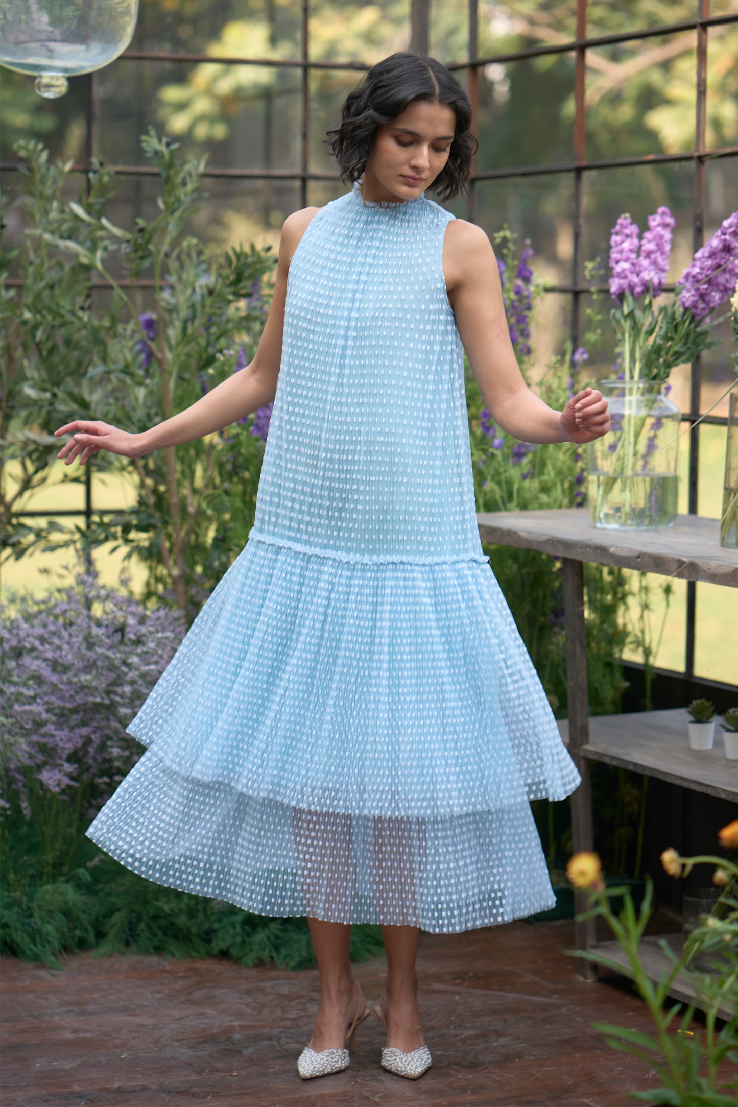PLEATED POLKA DOT TIERED DRESS