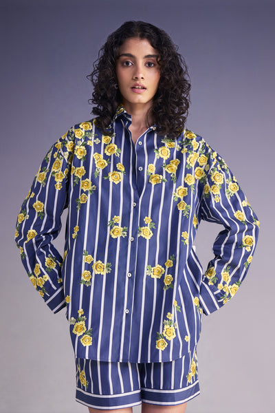 FLORAL EMBROIDERED STRIPE SHIRT