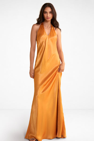 BACK KNOT HALTER SATIN GOWN